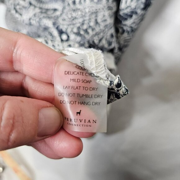 Peruvian Connection Long Sleeve Paisley Floral Dress Navy White Pockets Cotton M - Picture 4 of 9